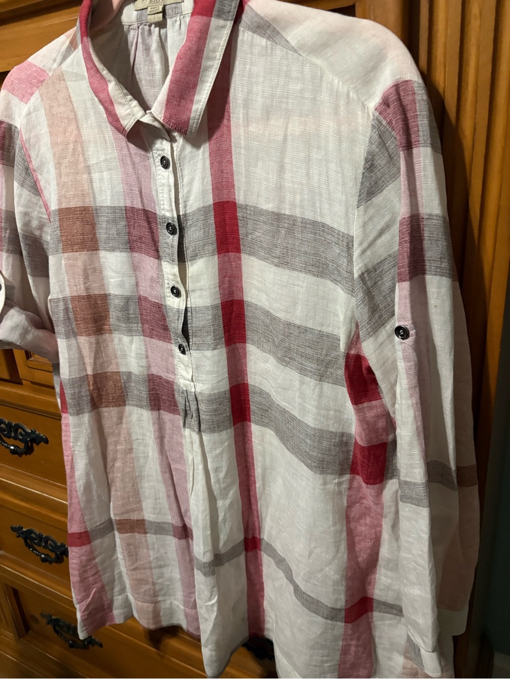 Burberry White Plaid Button-Front Blouse with Red and Gray Stripes
